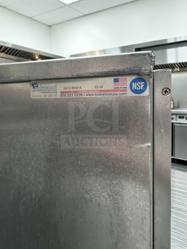 Lockwood CA72-RR18-R NSF aluminum tray transport cabinet, excellent condition, mobile, made in USA, manufacturer label visible.