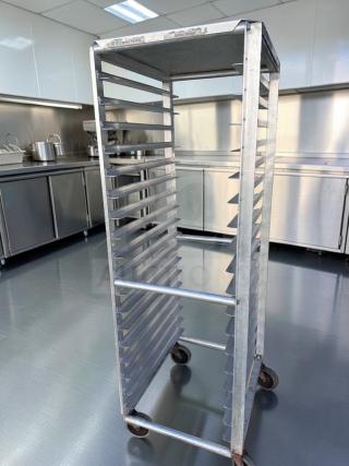 Commercial aluminum full-size sheet pan rack, 20 pan capacity, heavy-duty with casters, premium condition, model ALU-M-RCK-0575.