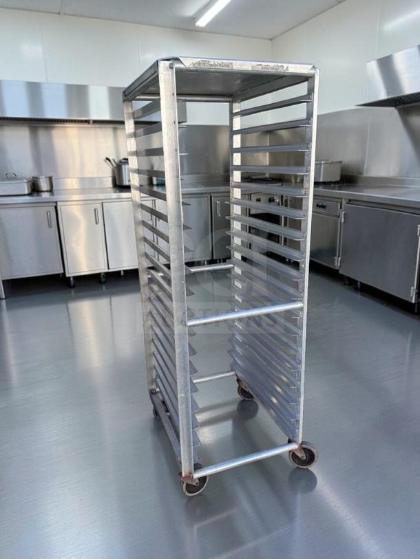 Commercial-grade aluminum sheet pan rack, 20 pan capacity, with casters, in premium condition, model ALU-M-RCK-0575.