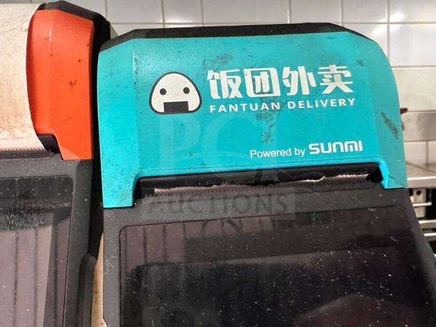 Set of four Sunmi V2 wireless POS terminals with built-in receipt printers, featured with "Fantuan Delivery" branding.