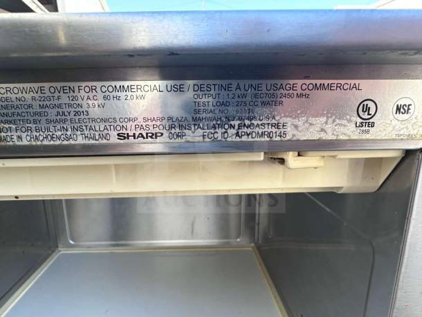 Sharp R-22GT commercial microwave, stainless steel, 1200W, made July 2013, UL listed. Serial No. 035101, fully tested.