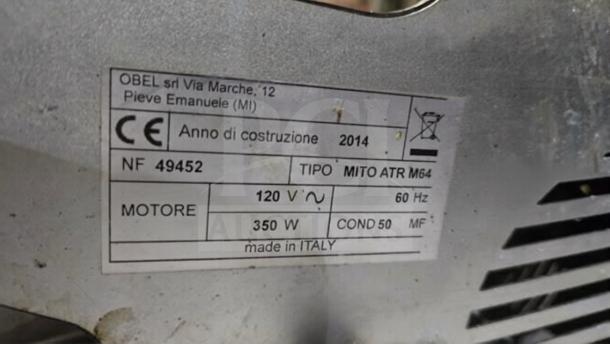 OBEL Mito ATR M64 commercial coffee grinder label, showing 120V, 350W, 60Hz specifications, made in Italy, 2014.