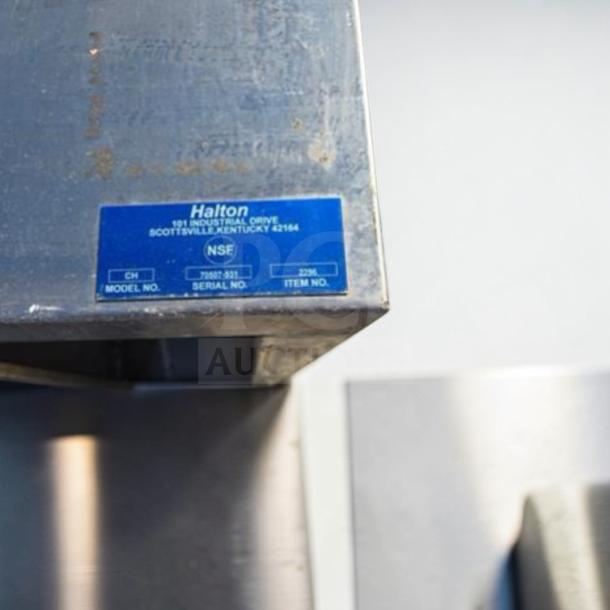 Halton Commercial Stainless Steel Exhaust Hood in outstanding condition, model HAL-L-HOOD-0767, fully tested, with visible label.