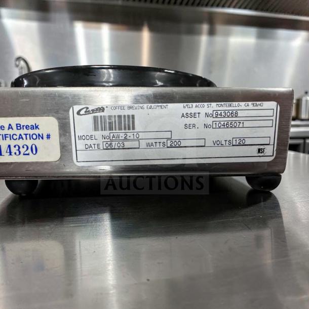 Curtis AW-2-10 coffee decanter warmer in stainless steel, excellent condition, model label visible, 120V, 200W, asset tag.