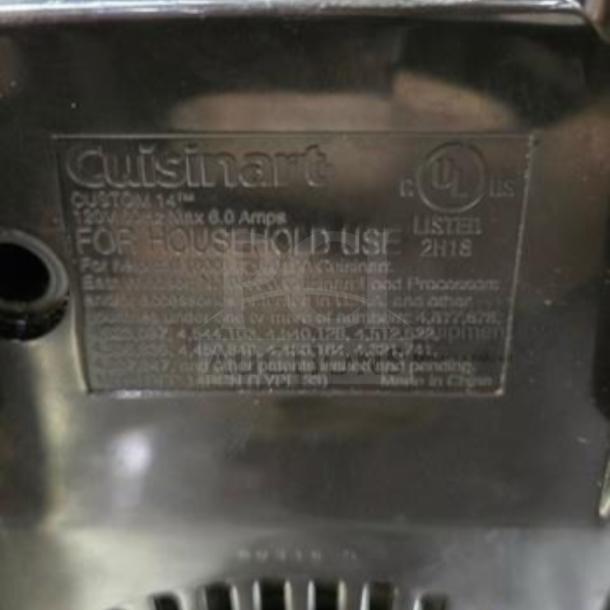 Cuisinart Custom 14 Food Processor label, "for household use," model Type 33, UL listed, fully tested, high-grade condition.