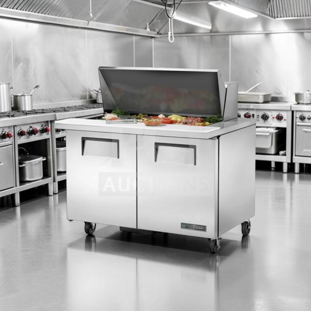 True TSSU-48-18M-B-HC 48” prep table, outstanding condition, stainless steel, refrigerated base, tested operational.