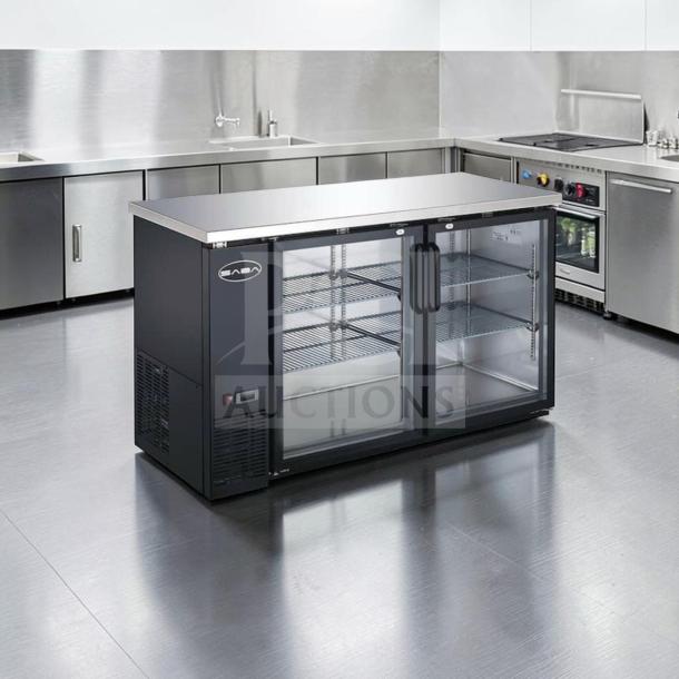 SABA 60" commercial back bar cooler with glass doors, 15.8 cu. ft. capacity, stainless steel, superior condition, fully tested.