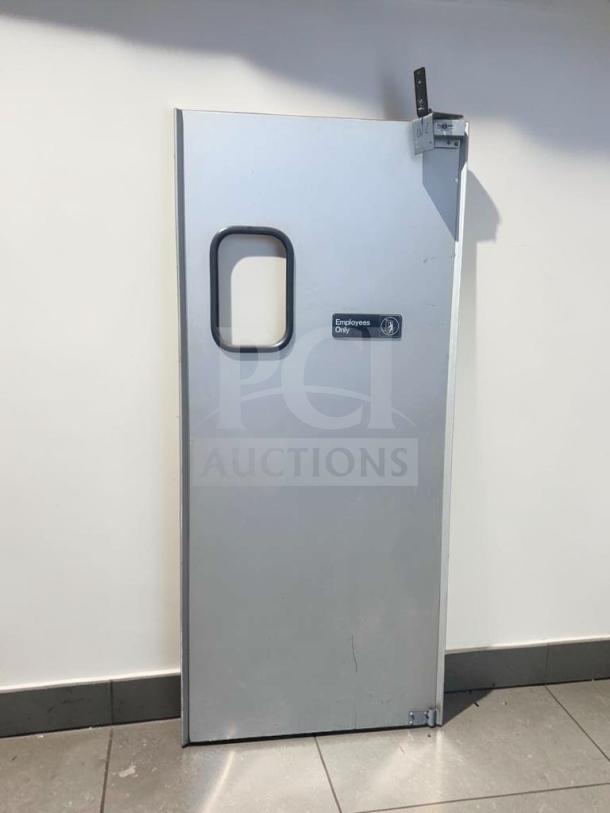 Commercial Swing Door 36"x80", exceptional condition, pass-thru with window, "Employees Only" label, heavy-duty, model COM-M-DOOR-0912.