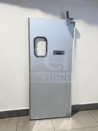 Commercial Swing Door 36"x80", exceptional condition, pass-thru with window, "Employees Only" label, heavy-duty, model COM-M-DOOR-0912.