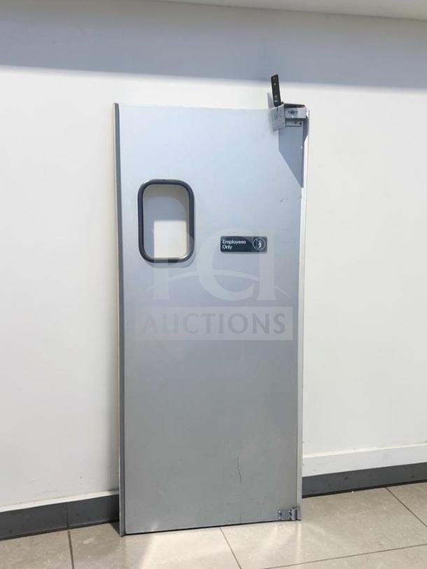 Commercial Swing Door 36"x80", exceptional condition, with window, metal construction, labeled "Employees Only", fully operational.