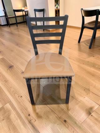 Black metal ladder back dining chair with padded vinyl seat, prime condition, fully inspected, quantity 5.
