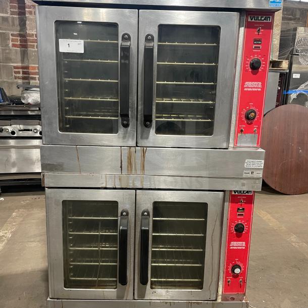Vulcan VC4GD-10 stainless steel double stacked gas convection oven, Energy Star certified, on casters, with wired racks.
