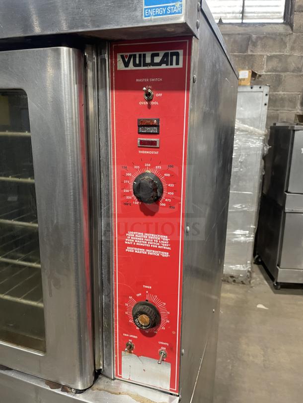 Vulcan VC4GD-10 commercial convection oven, stainless steel, gas-powered, red control panel, Energy Star certified, on casters.