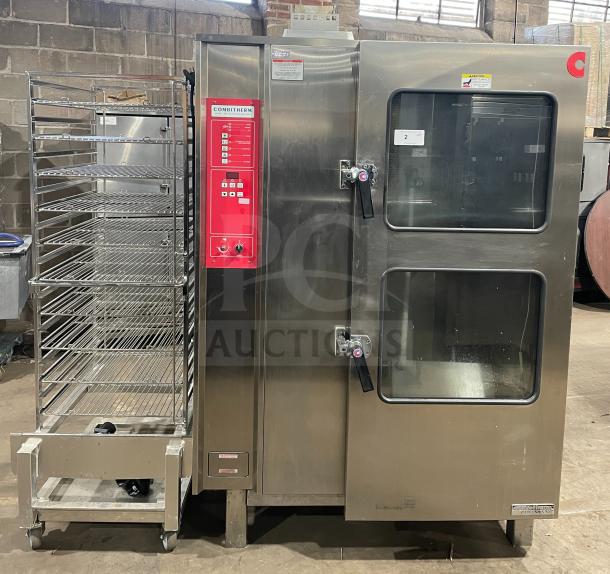 Alto-Shaam Combitherm 2020G full-height combi oven, stainless steel, natural gas, with full-size roll-in rack, on legs.