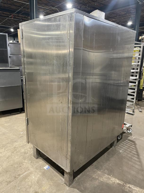 Alto-Shaam Combitherm 2020G full-height stainless steel combi oven with roll-in rack, natural gas, SN: G7U00090277, on legs.