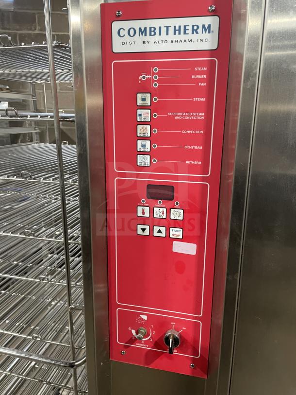 Alto-Shaam Combitherm 2020G full-height combi oven with full roll-in rack, natural gas, stainless steel, 1 phase 110-120V.