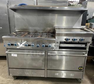 US Range stainless steel griddle/broiler with 6-burner range and 2 ovens, model PX-6-24BG-2626, on casters.
