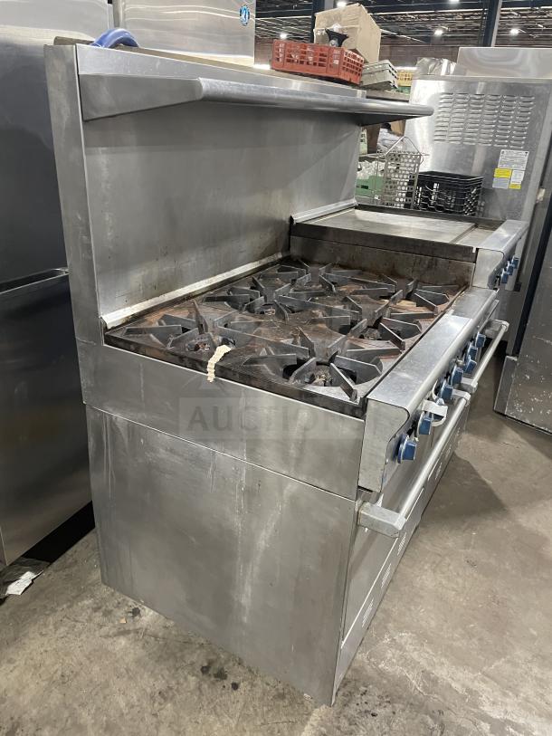 Us Range stainless steel griddle/broiler, Model PX-6-24BG-2626, with 6-burner range, 2 ovens, on casters. Used condition.