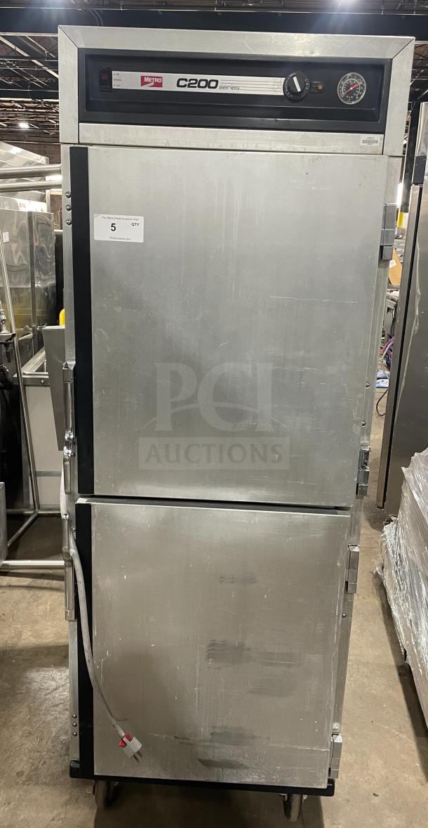 Metro Series C200N heated holding cabinet, stainless steel, half-door, digital controls, racks, on casters, 120V.