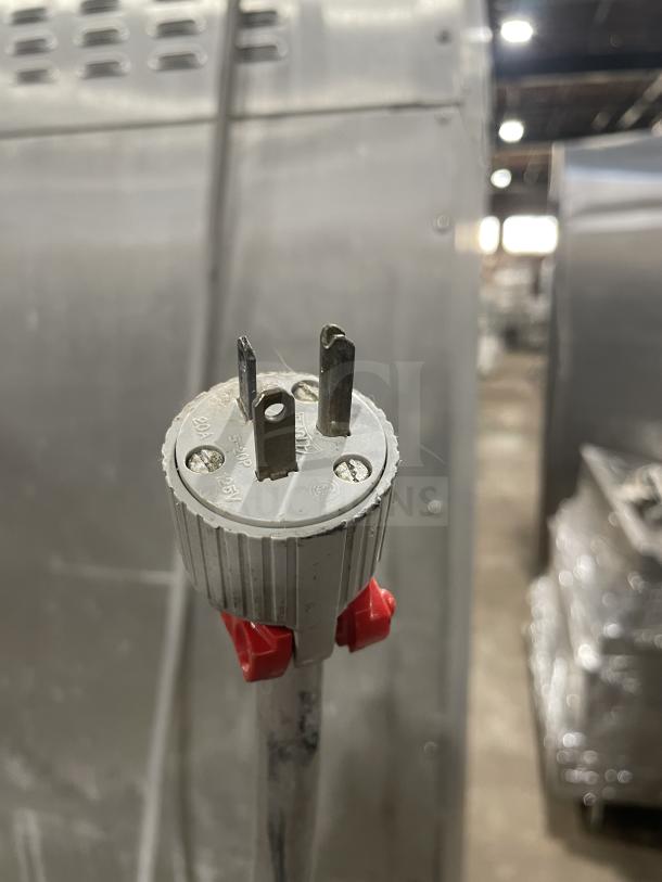 Metro C200N heated holding cabinet plug, showing a 120V, 60HZ, 20A connection. Stainless steel and on casters.