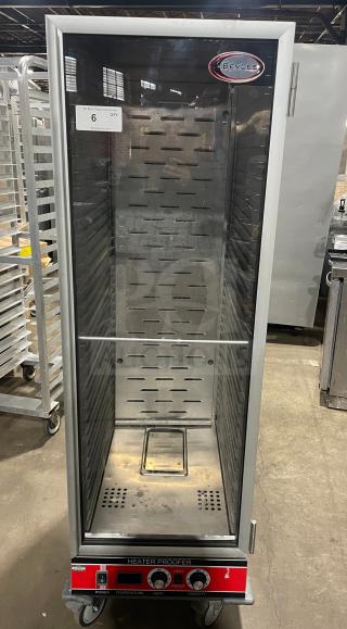 Bevles stainless steel warming/proofing cabinet, model HPIC-6836, with glass door and casters, in good condition. 120V.