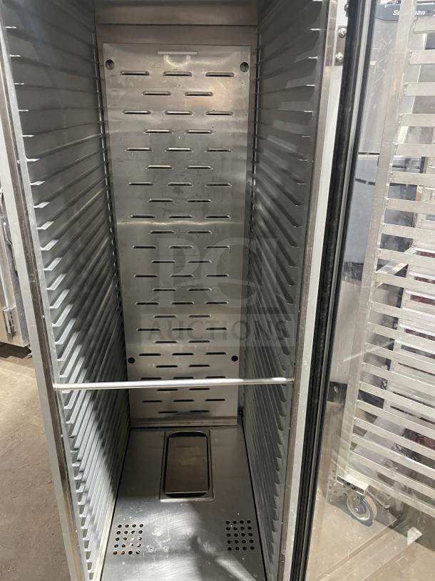 Bevles HPIC-6836 stainless steel heated proofing cabinet with glass door, electric-powered, on casters, model SN: 2306013600007.