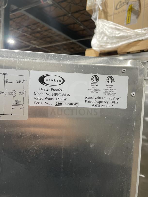 Bevles HPIC-6836 electric heated cabinet on casters, with glass door, 120V 60Hz, SN: 2306013600007.