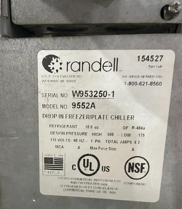 Randell Model 9552A stainless steel electric drop-in freezer/plate chiller, SN: W953250-1, 115V, 60Hz, 1 phase.