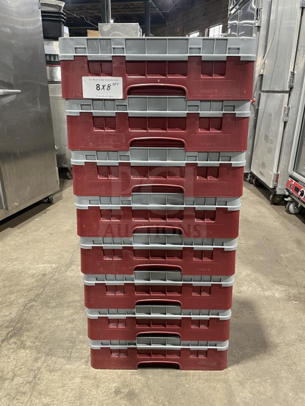 Cambro dish washer racks, Model 10HS318, stack of eight, red and gray, auction lot tag, commercial use.