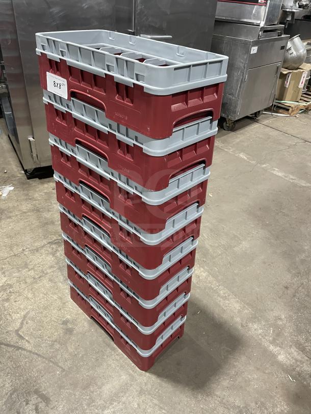 Stack of Cambro commercial dish racks, model 10HS318, in red and gray. Includes eight racks per bid.