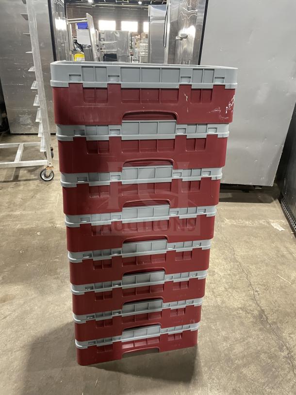 Cambro commercial dish washer racks, model 10HS318, stack of 8, red and gray, used condition.