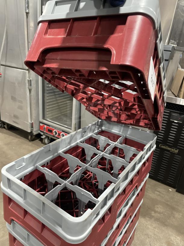 Cambro commercial dishwasher racks model 10HS318, in excellent condition. Red and gray stackable design, suitable for commercial use.