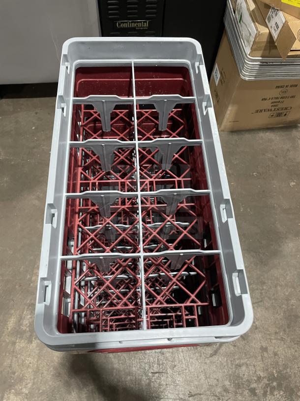 Cambro commercial dish washer rack model 10HS318, red and gray, in excellent condition. Visible grid design for secure dish placement.
