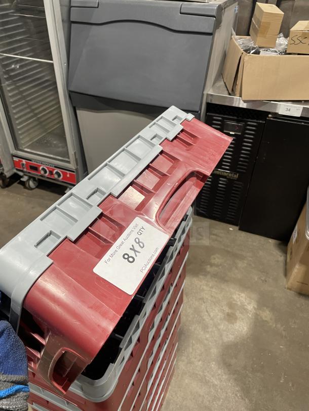 Cambro commercial dishwasher racks, model 10HS318, stacked, red and grey, labeled "8X qty," in used condition.
