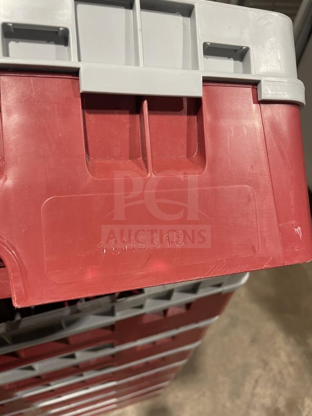 Cambro commercial dish washer rack model 10HS318, red and grey, sturdy build, embossed model number visible.