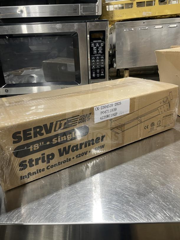 Servit 18" Single Strip Warmer, Model 423SWI18CP, in original packaging. Features infinite controls, 120V. New condition.