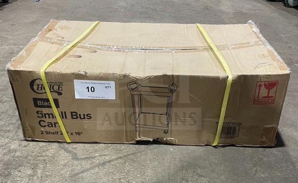 New Choice 2-shelf black bus cart, model 109CARTBS2BK, in sealed cardboard box, dimensions 24"x16".