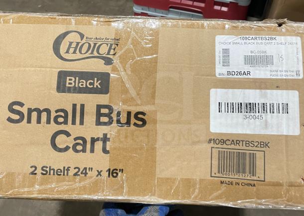 Brand new Choice Commercial black 2-shelf bus cart, 24"x16", Model 109CARTBS2BK, in box with labels and barcodes.