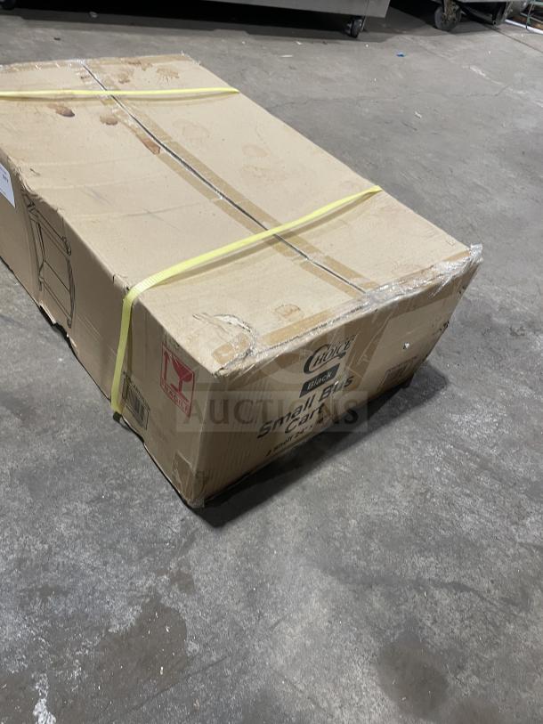 Boxed Choice black 2-shelf bus cart, model 109CARTBS2BK, new condition, dimensions 24"x16".