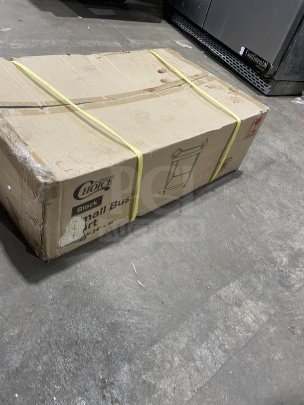 Brand new Choice Commercial Black 2 Shelf Bus Cart, Model 109CARTBS2BK, in original packaging, dimensions 24"x16".