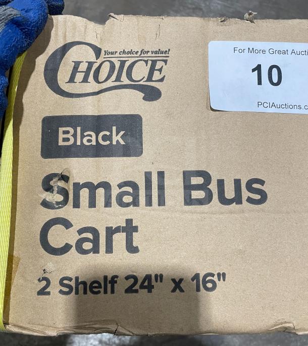 Brand new Choice Commercial Black 2-shelf bus cart, model 109CARTBS2BK, 24"x16", in packaging, visible branding.