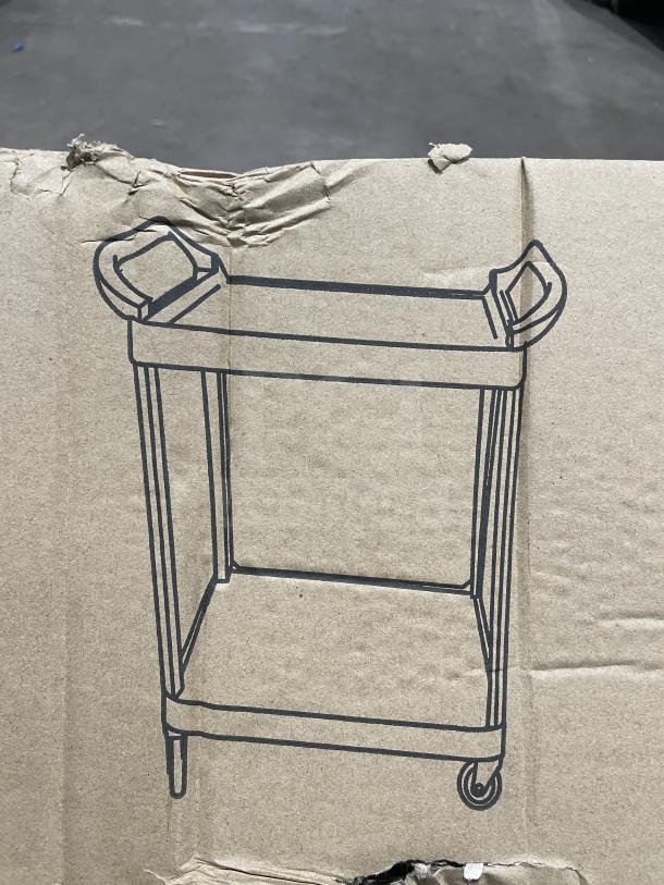 Brand new Choice Commercial black 2-shelf bus cart, model 109CARTBS2BK, 24"x16", in original packaging, illustration visible.