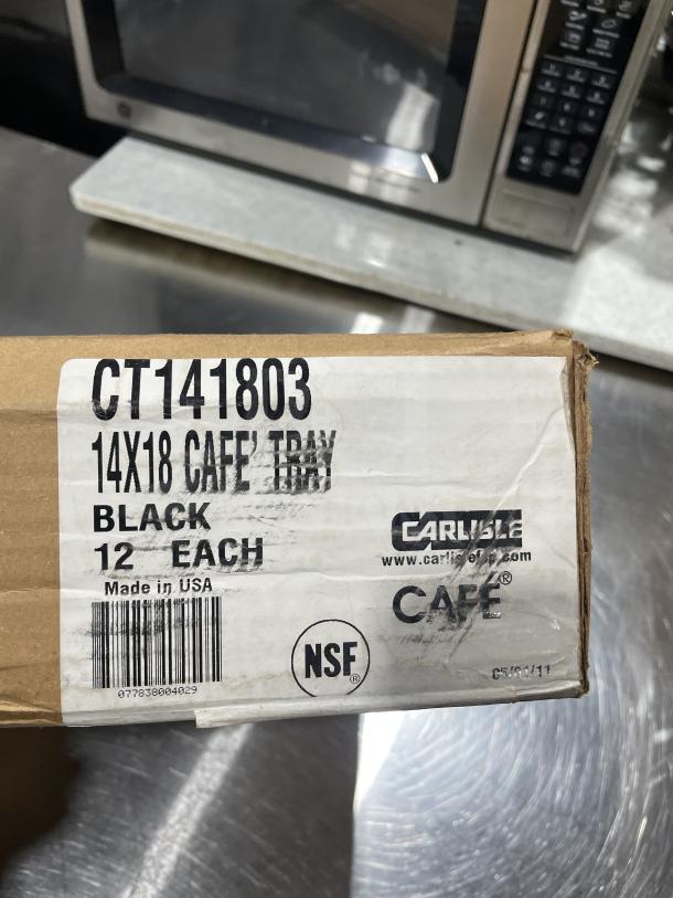 Brand new Carlisle NCT1418 fast food serving tray, black, 14"x18", NSF certified, 12 trays per set, made in USA.