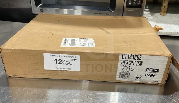 Box of 12 brand new Carlisle 14"x18" black fast food/serving trays, model CT141803. NSF certified, made in USA.