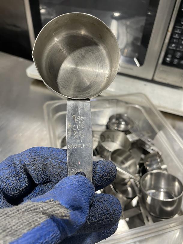 Commercial stainless steel measuring cup, 1/3 cup, 80 ml, engraved with measurements, high-quality condition.