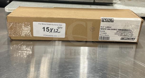 Carlisle Commercial 9.5" Black White Balsamic Vinaigrette Ladle, 12-pack in box, brand new, SKU and product details visible.
