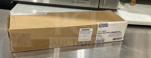 Brand new Carlisle 9.5" ladle for balsamic vinaigrette. Black and white. Box of 12, made in Mexico, perfect condition.