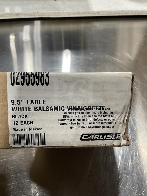 Brand new Carlisle 9.5" black and white balsamic vinaigrette style ladle. Box of 12. Made in Mexico. Contains BPA warning label.