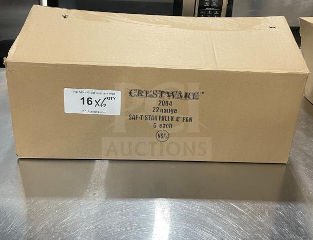 BRAND NEW Crestware SAF-T-STAK stainless steel pan, commercial 4" deep anti-jam, full size, set of 6 in box.