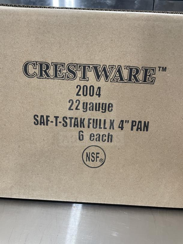 Crestware SAF-T-STAK 4" anti-jam stainless steel pans, 6-pack, 22 gauge, NSF certified, brand new in original packaging.